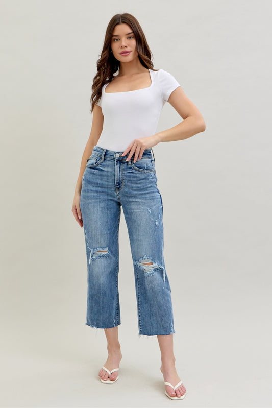 Judy Blue Light Wash Destroy Cropped Wide Leg Jean