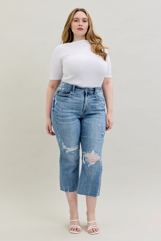 Judy Blue Curvy Light Wash Destroy Cropped Wide Leg Jean